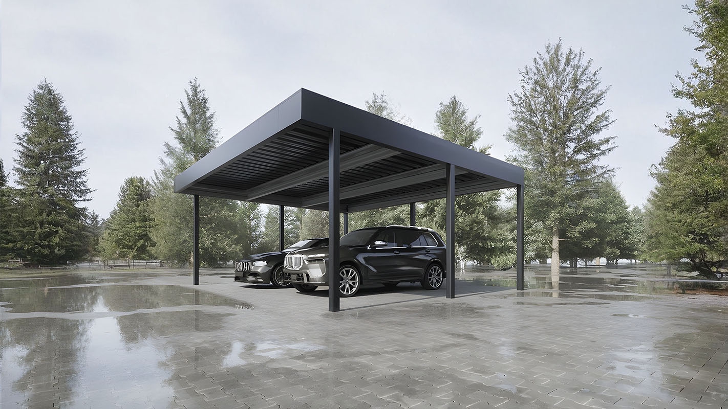 Односкатный автонавес из поликарбоната в стиле хай-тек для автомобиля с закрытыми боковинами